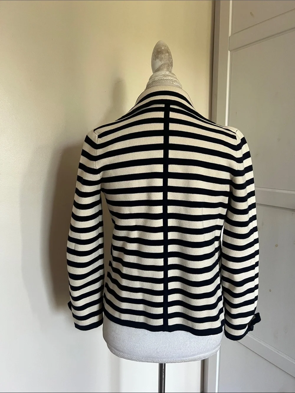 J.Crew Striped Double Breasted Navy Blue Ivory Knit Sweater Blazer Jacket XS - Picture 6 of 8